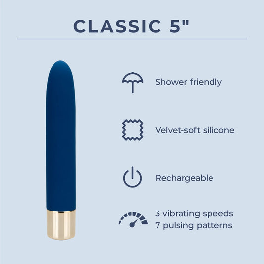 Classic 5" Infographic
Shower Friendly
Velvet-soft silicone
Rechargeable
3 vibrating speeds, 7 pulsing patterns