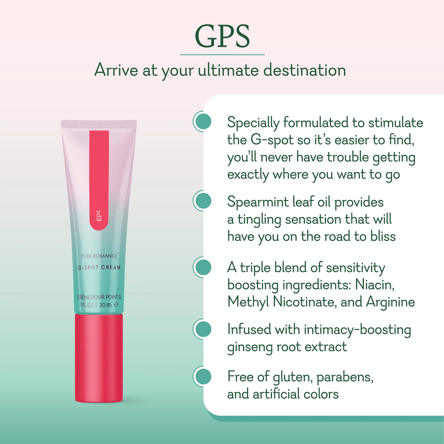 GPS Arrive at your ultimate destination. Specially formulated to stimulate the G-spot so it's easier to find, you'll never have trouble getting exactly where you want to go. Spearmint leaf oil provides a tingling sensation that will have you on the road to bliss. A triple blend of sensitivity boosting ingredients: niacin, methyl nicotinate, and arginine. Infused with intimacy boosting ginseng root extract. Free of gluten, parabens, and artificial colors.
