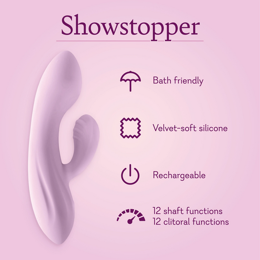 Showstopper. Bath friendly, velvet soft silicone, rechargeable, 12 shaft functions 12 clitoral functions.