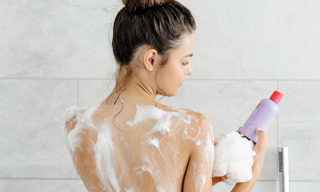 Bathroom scene with shower products and shower gel for a luxurious shower routine