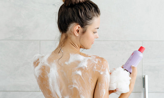 Bathroom scene with shower products and shower gel for a luxurious shower routine