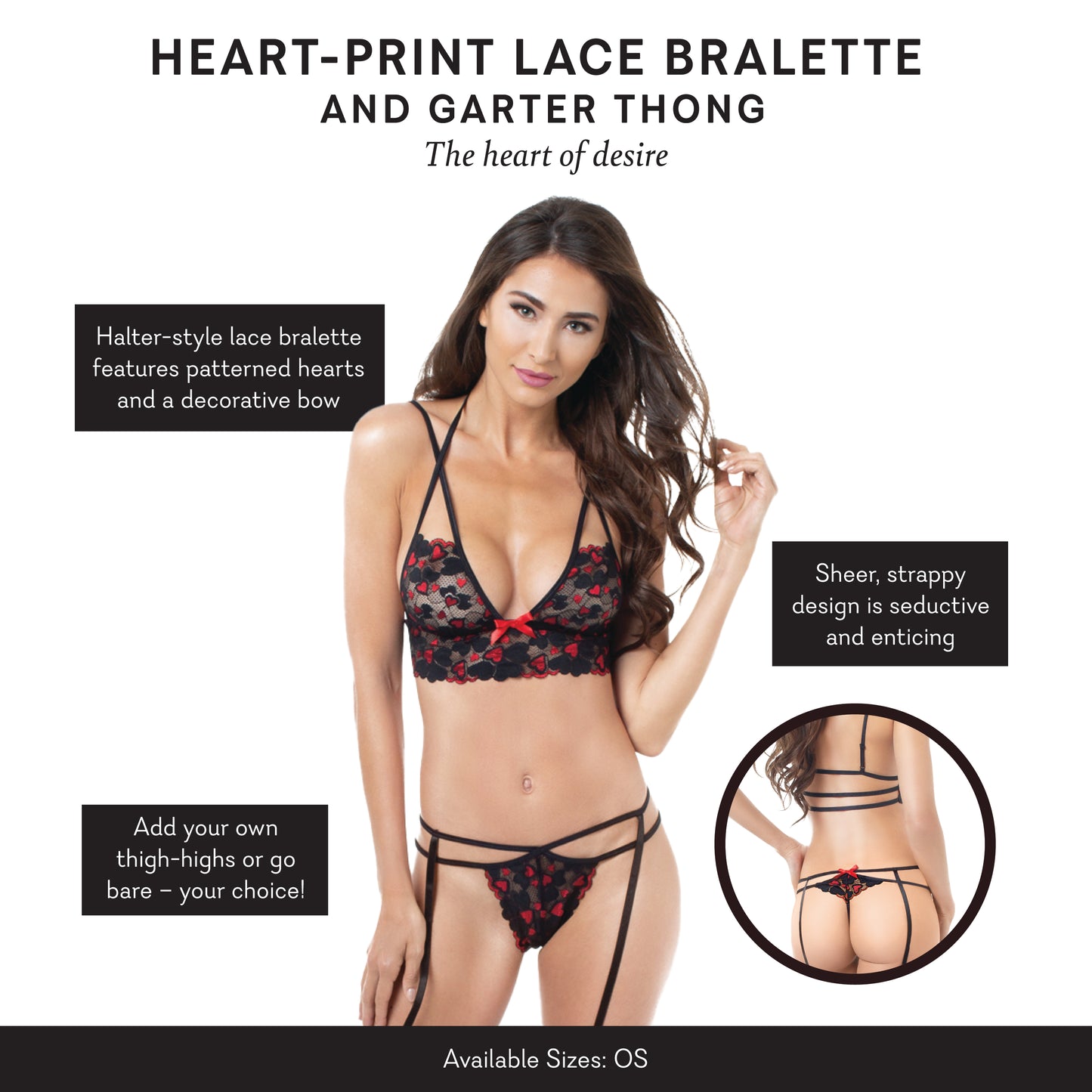 Heart-Print Lace Bralette & Garter Thong - One Size